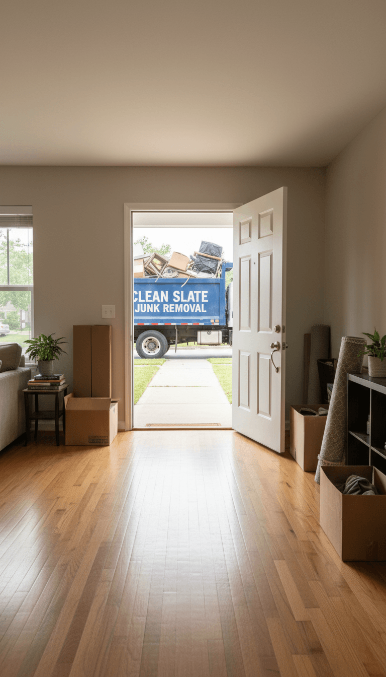 Living room with cleared path to the front door, junk removal truck visible outside
