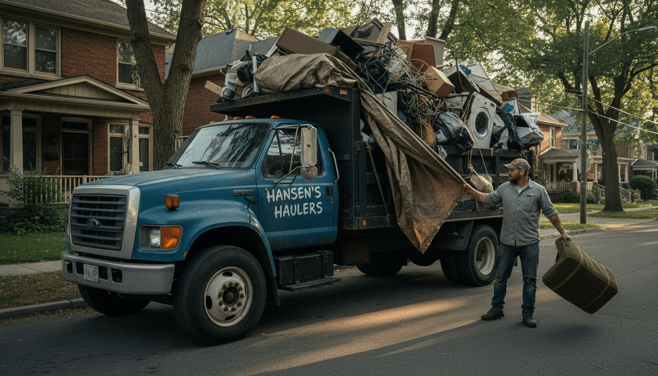 Junk removal truck loaded with old furniture on a Toronto street