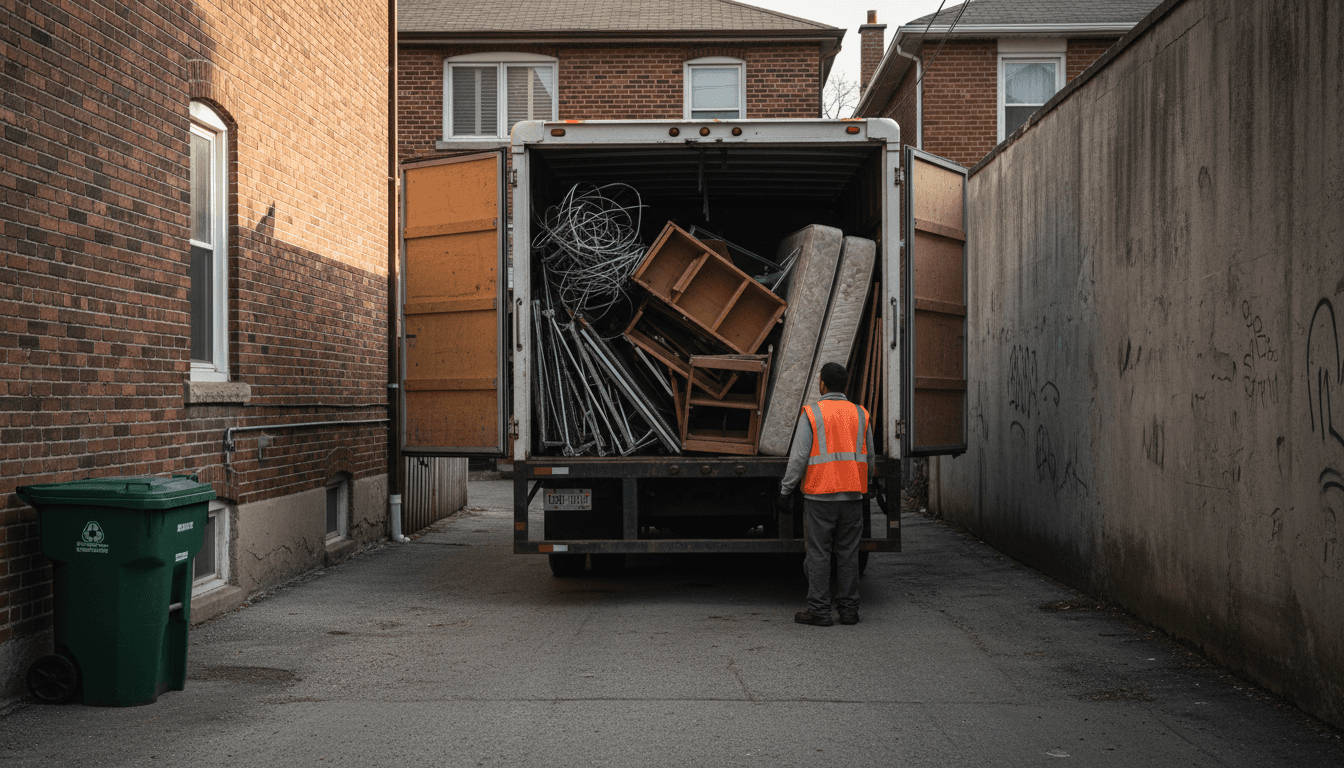 Junk removal truck in Toronto alley after a cleanout