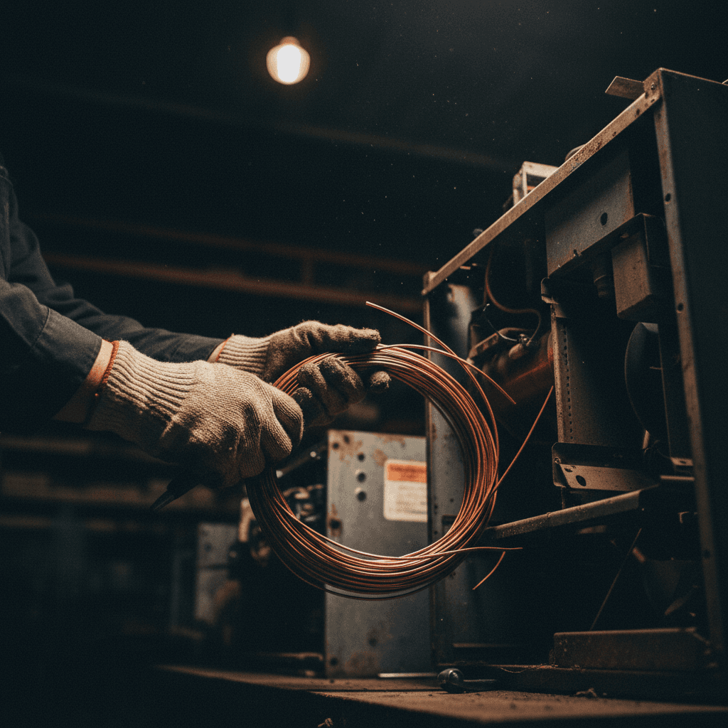 Gloved hands separating copper wire from an old appliance