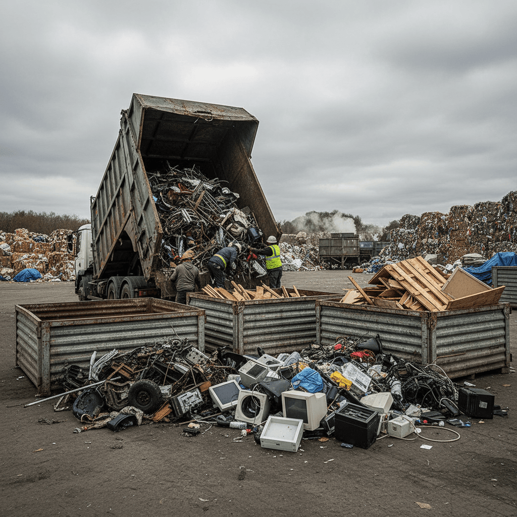 Team unloading and sorting junk into recycling bins at a facility