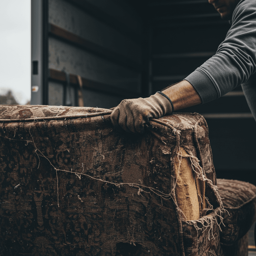 Gloved hand pulling old sofa cushion into truck